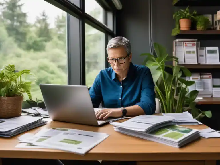 An environmental consultant works on a laptop.
