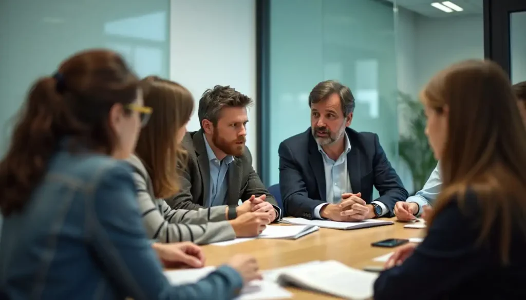 Environmental consultants in the UK discussing sustainability solutions in a meeting.