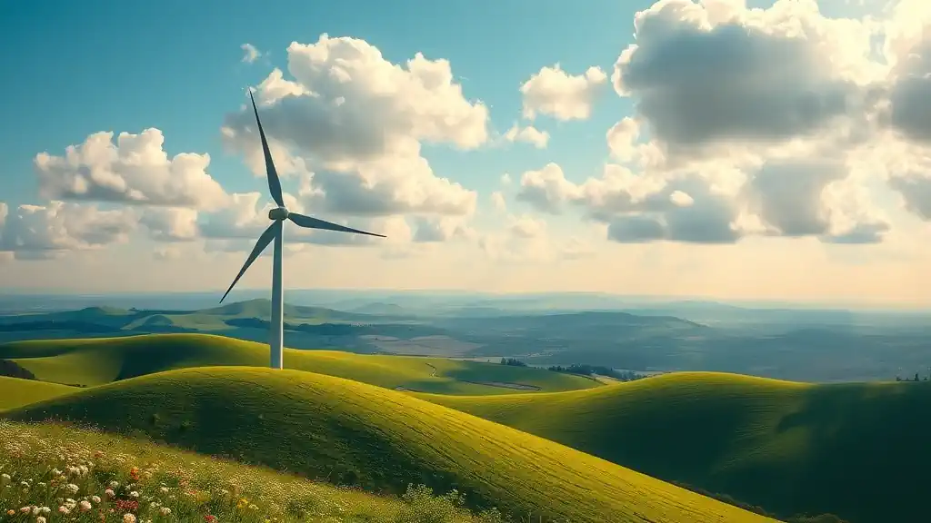 environmental impact assessment modern wind turbine rolling green hills rural countryside onshore wind farm